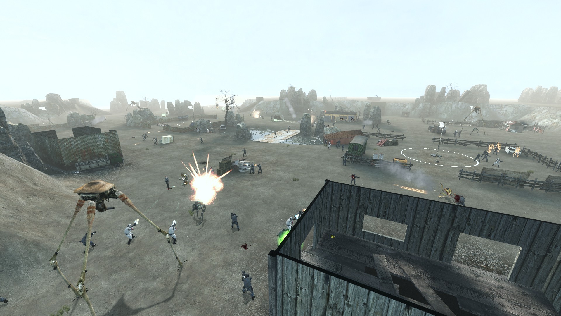 Infantry and towering Striders in a Lambda Wars battle
